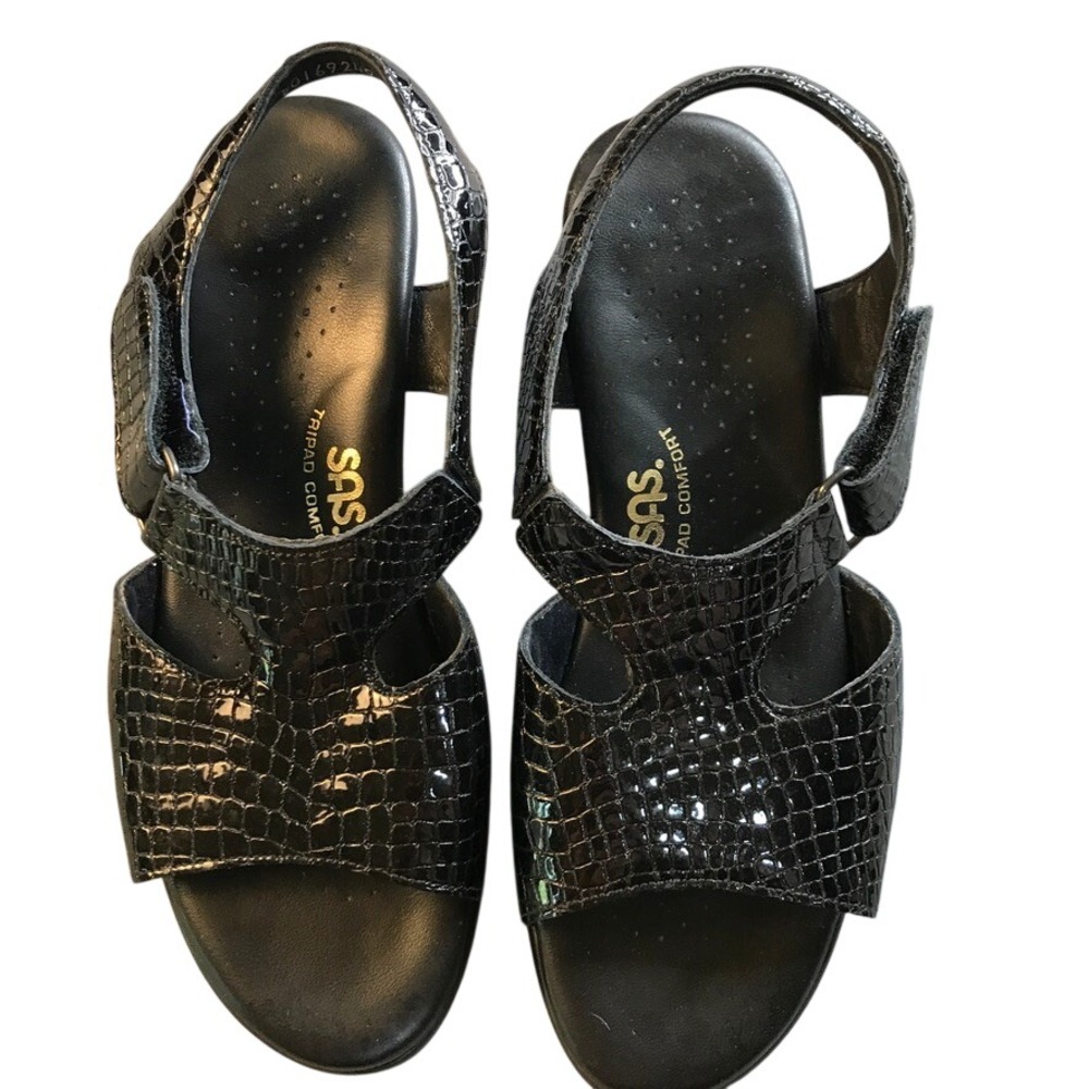SAS Tripad Comfort‎ Black Croc Embossed Slingback Sandals 7.5 W Block Heel USA